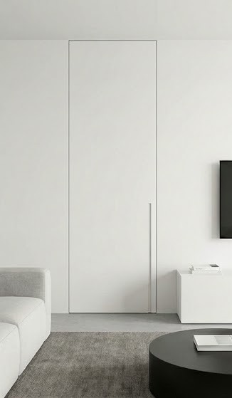 Porte intérieure moderne minimaliste avec cadre invisible et isolation acoustique renforcée.