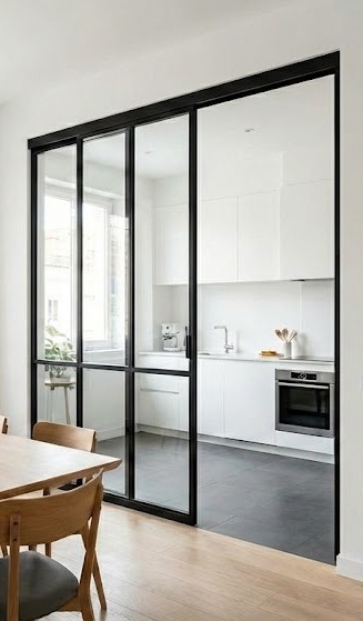 Porte intérieure moderne minimaliste verrière invisible et isolation acoustique renforcée.