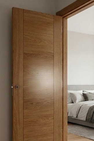 Porte intérieure moderne bois minimaliste avec cadre en bois et isolation acoustique renforcée.