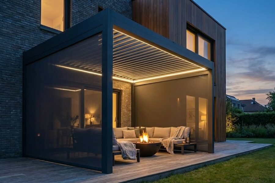 Installation de pergola moderne en aluminium avec éclairage LED intégré par Trigoni.