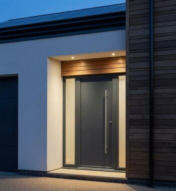 Porte d'entrée en aluminium Schüco haute isolation thermique pour maison passive.