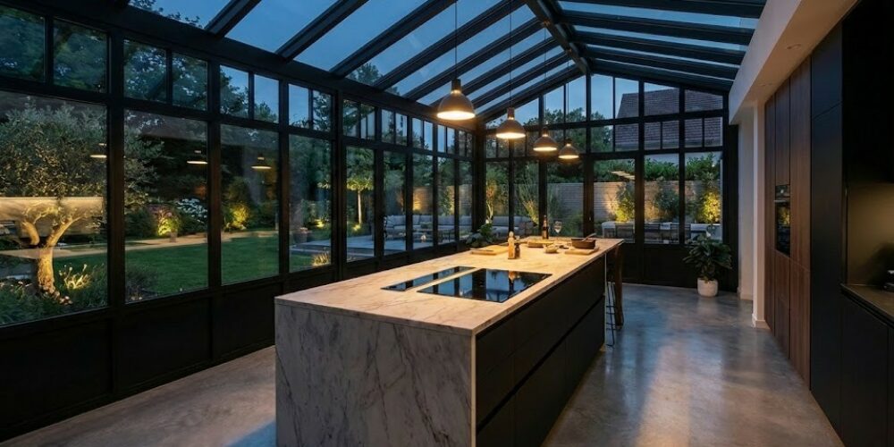 Véranda sur mesure Belgique la nuit avec vue sur le jardin avec une cuisine