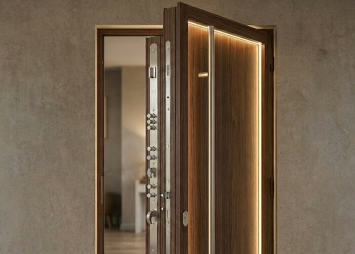 Porte blindée avec quincaillerie renforcée et retardateur d'effraction certifié.